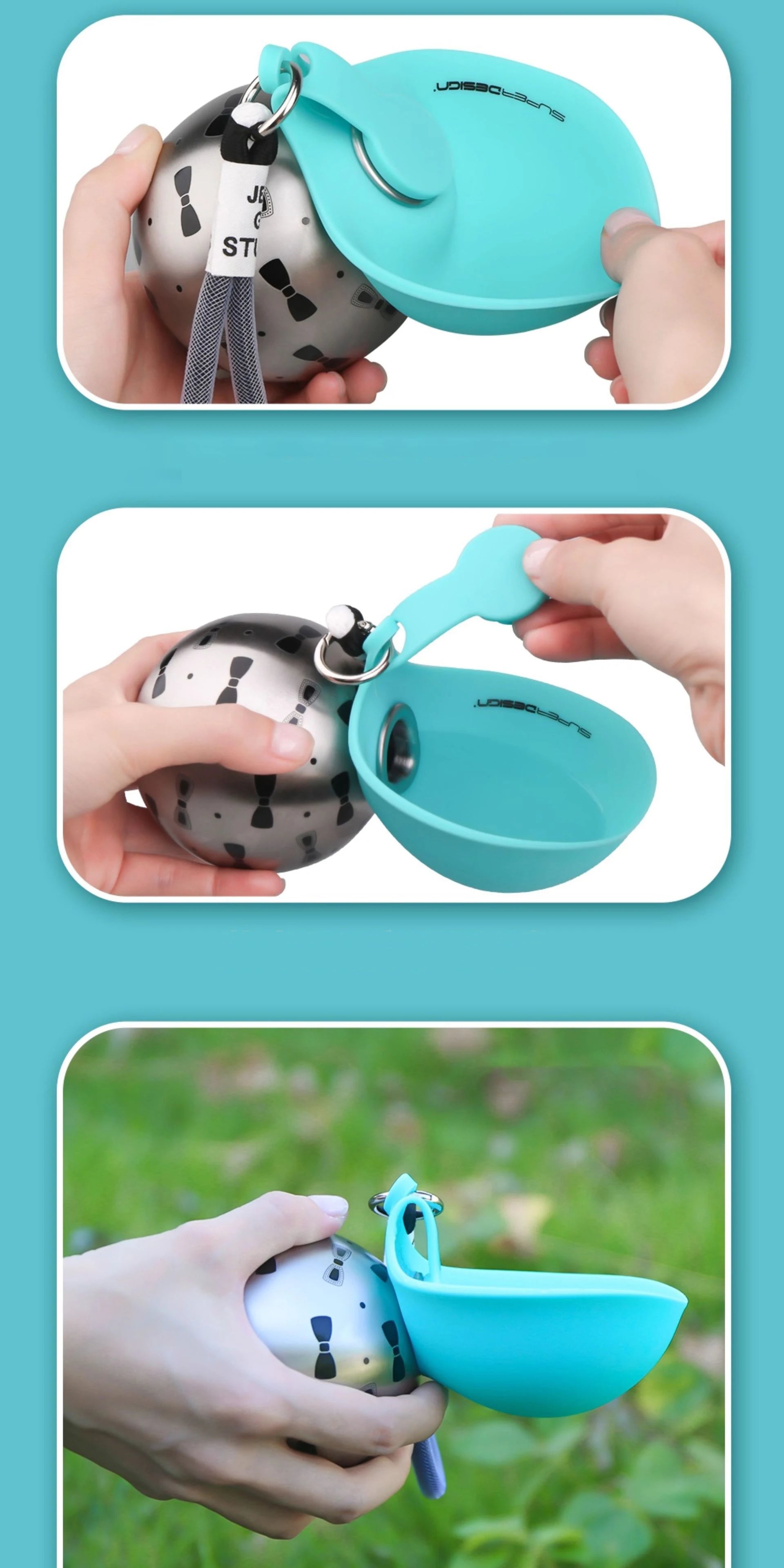 Portable Outdoor Pet Stainless Steel Water Cup Dog Water Bottle with Bowl for Cat 304 Stainless Steel Safe Food-Grade Silicone