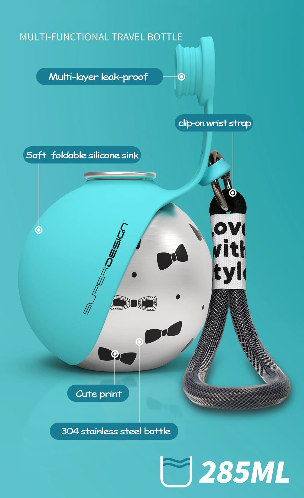 Portable Outdoor Pet Stainless Steel Water Cup Dog Water Bottle with Bowl for Cat 304 Stainless Steel Safe Food-Grade Silicone