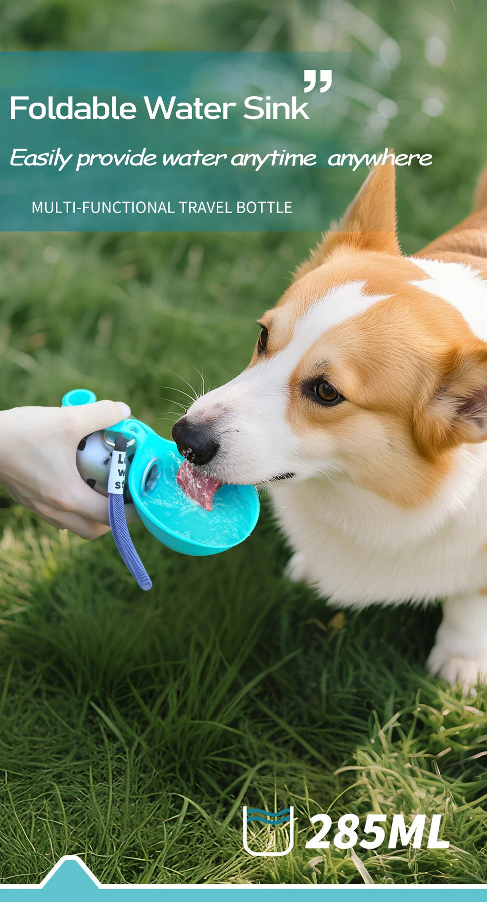 Portable Outdoor Pet Stainless Steel Water Cup Dog Water Bottle with Bowl for Cat 304 Stainless Steel Safe Food-Grade Silicone